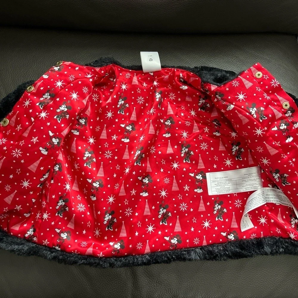 Disney Black Faux Fur Kids Jacket with Red Accents Bow Lined Size 5/6
